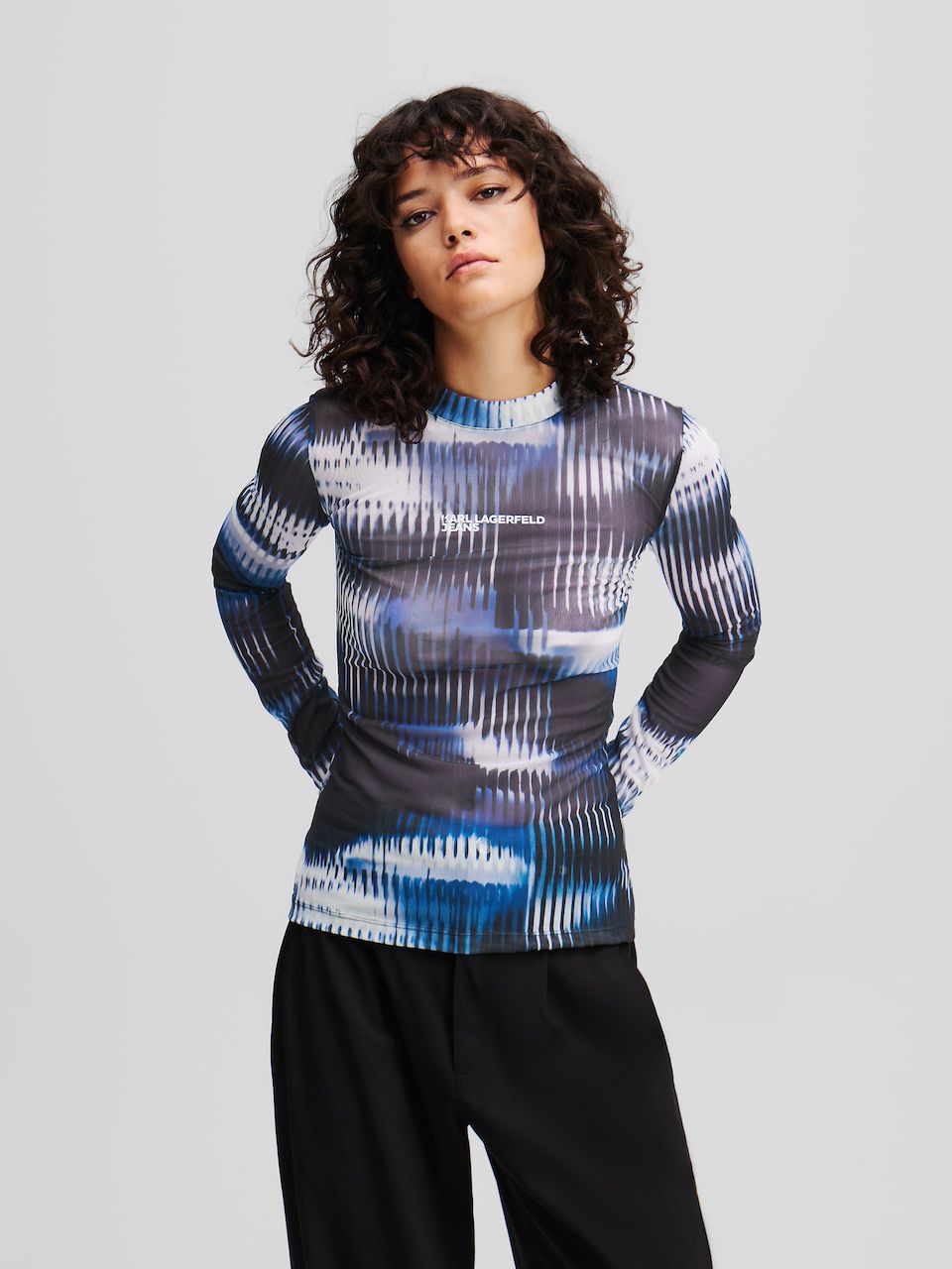 KARL LAGERFELD Top ' MESH-TOP MIT GLITCH-PRINT ' em Preto
